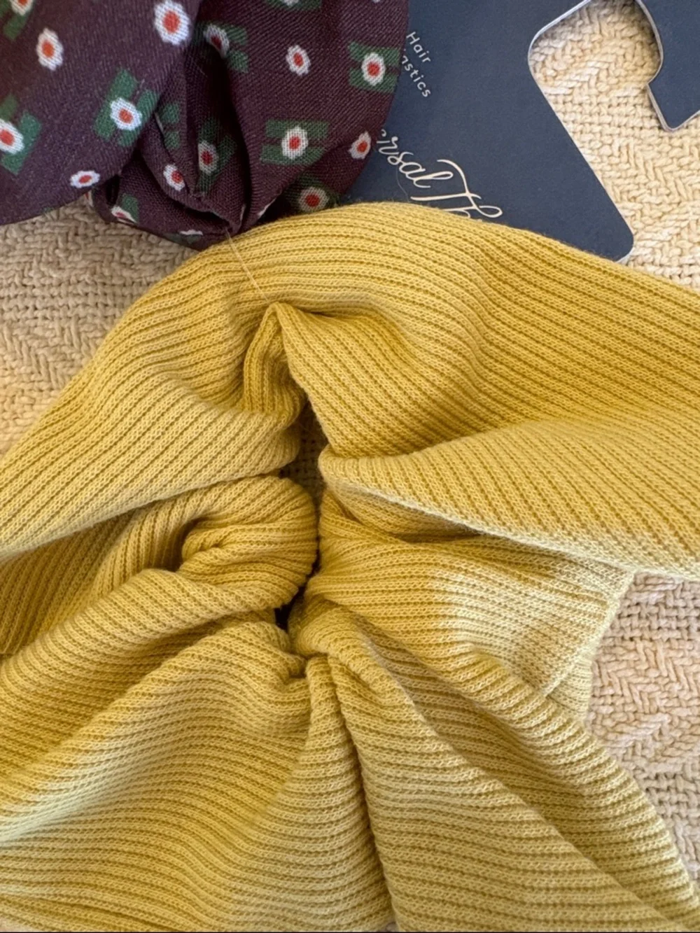 NWT Universal Thread Brown Floral Bow and Mustard Yellow Ribbed Scrunchie Set
